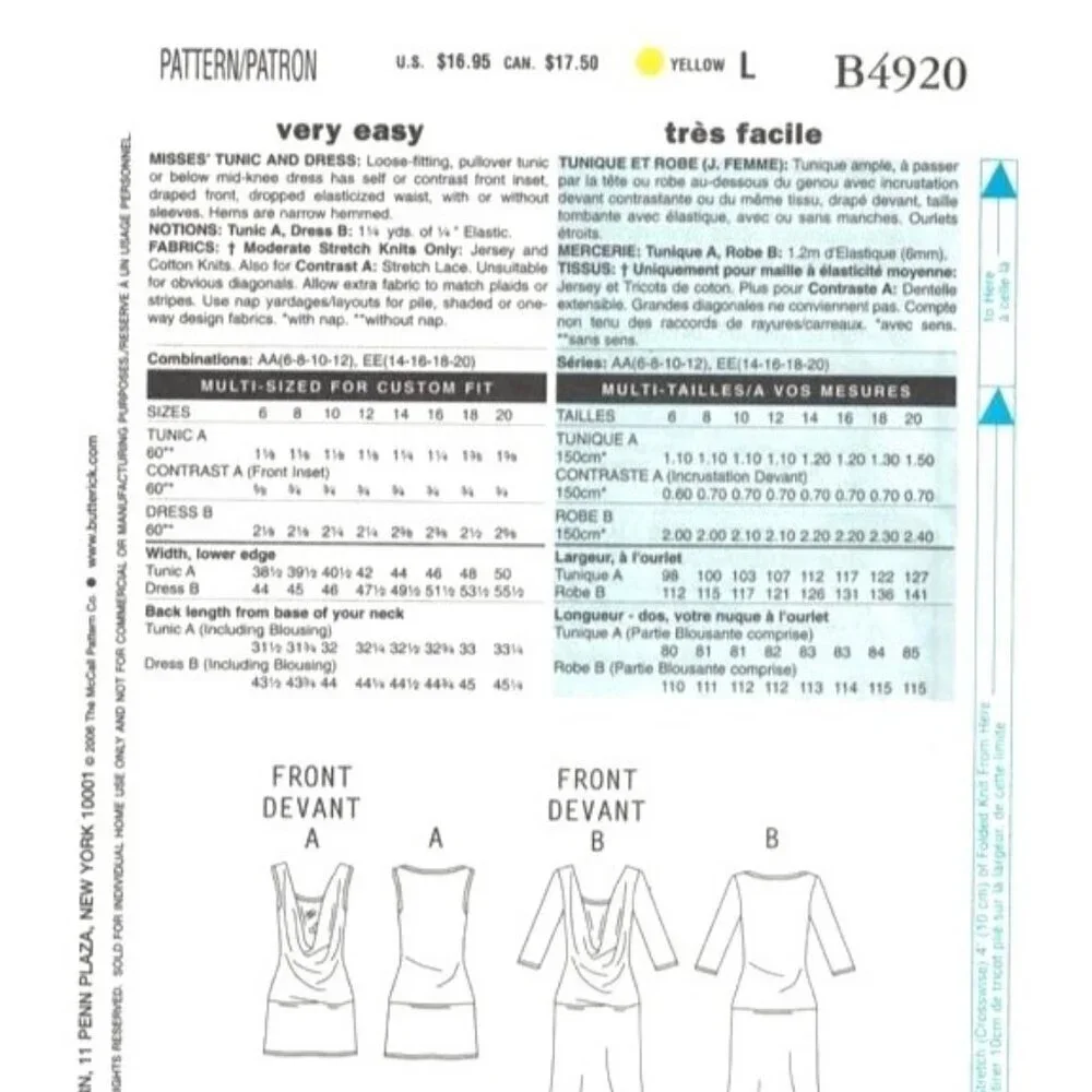 Butterick Sewing Pattern 4920 Misses Tunic‎ Dress Size 6-12